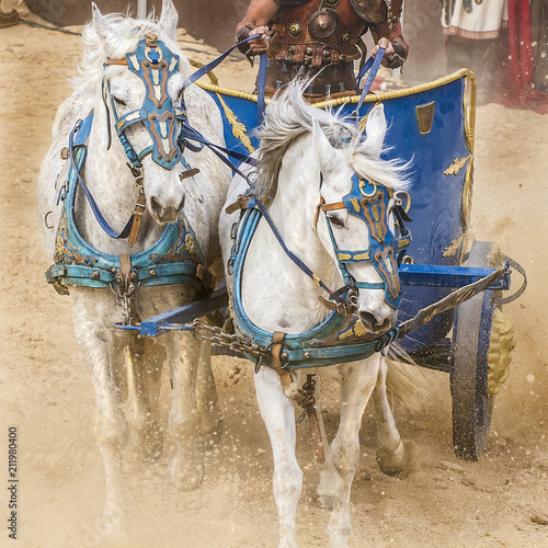 Obraz na plátne Combat, Roman chariot in a fight of gladiators, bloody circus
