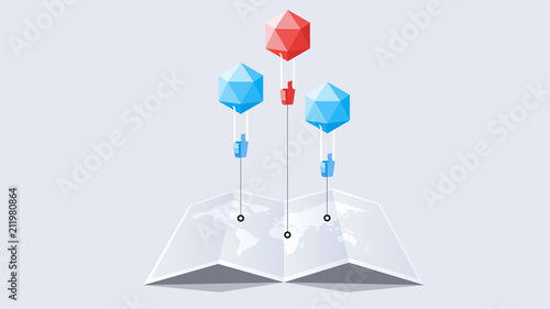 Vector Paper Worldmap With Abstract Paper Style Polygonal Baloons With Conceptual Wizard As Thumb Up Sign. Template For Social Media Design