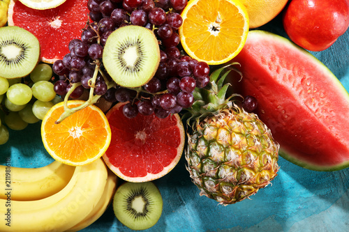 Fresh organic fruits background. Healthy eating concept.