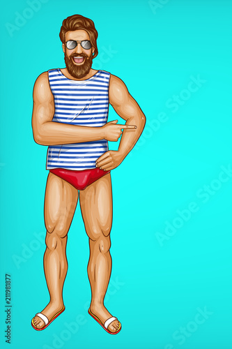Vector pop art brown haired man with beard in striped shirt, red swim trunks. Cheerful guy points with finger at summer sale, discounts. Athletic character on blue background. Sale, ad poster, banner