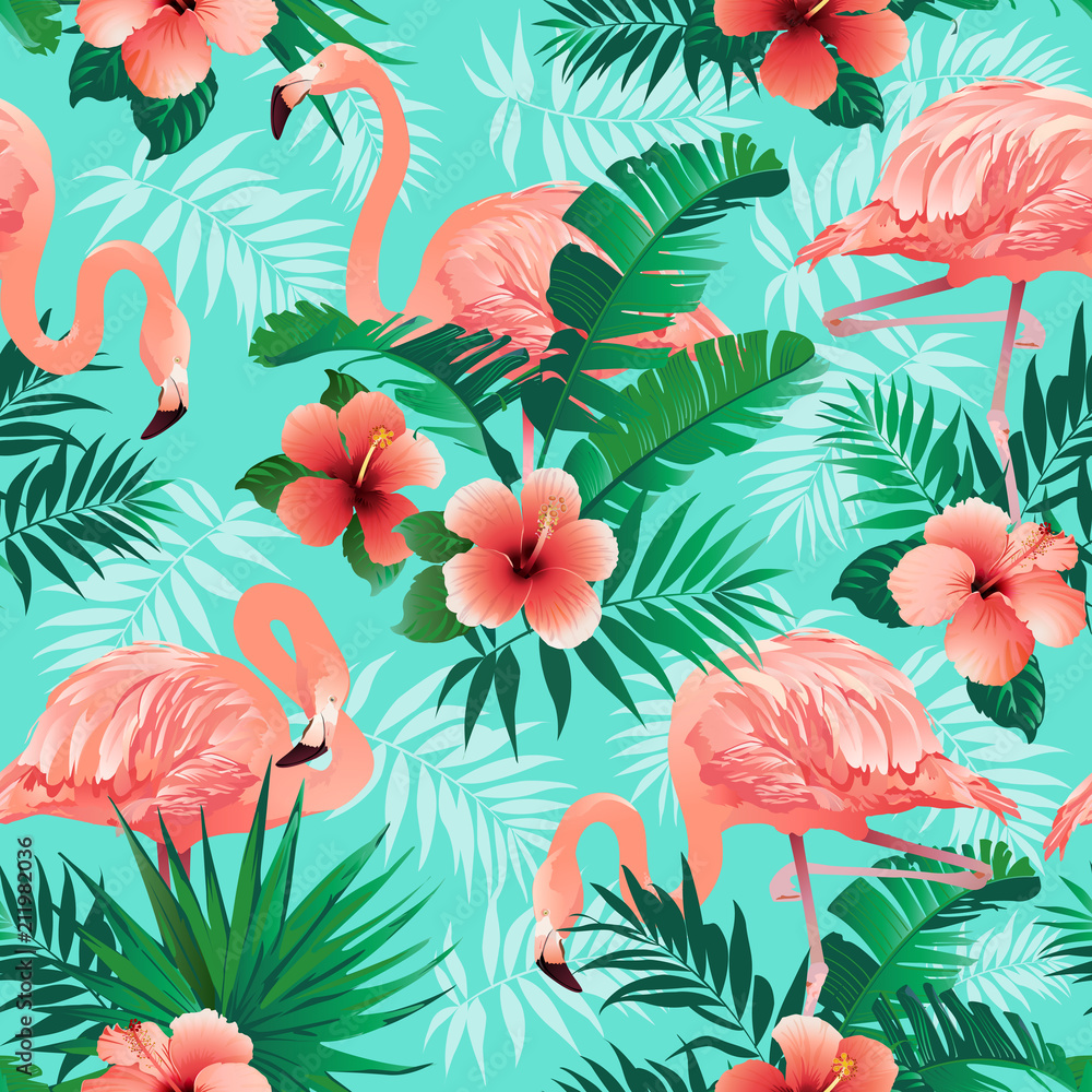 Naklejka premium Różowe flamingi, egzotyczne ptaki, tropikalne palmy, drzewa, dżungla pozostawia bezszwowe tło kwiatowy wzór.