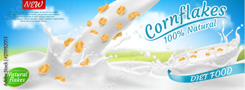 Vector 3d realistic cornflakes in milk, package design. Diet healthy food, nutrition in white bowl with splashing drops. Mock up of farm product, morning breakfast for advertising poster, promo banner
