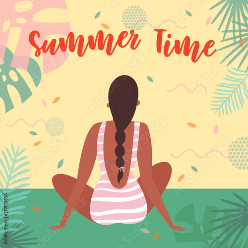 Summer time lettering text. Woman on vacation, sitting in swimsuit on the beach in an embrace and admiring the view. Card for inspiration. Vector flat cartoon, tropical background