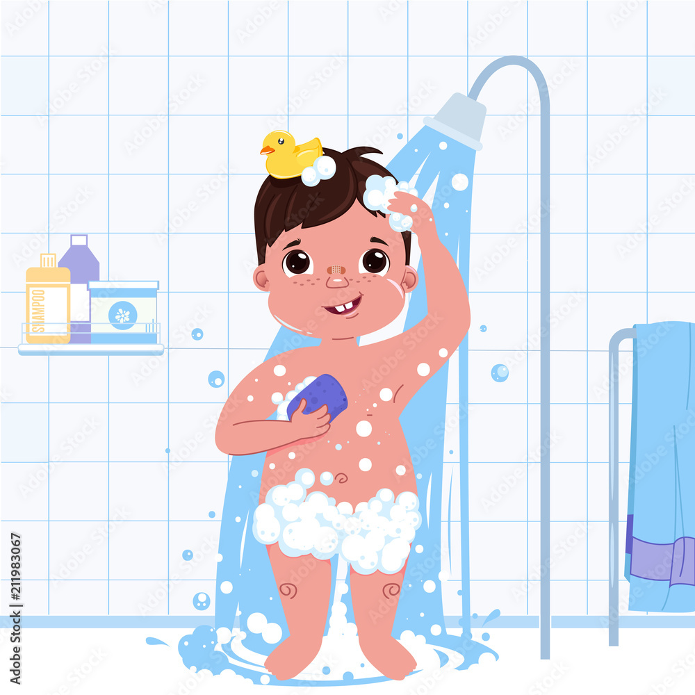 Little child boy character take a shower. Daily routine. Bathroom