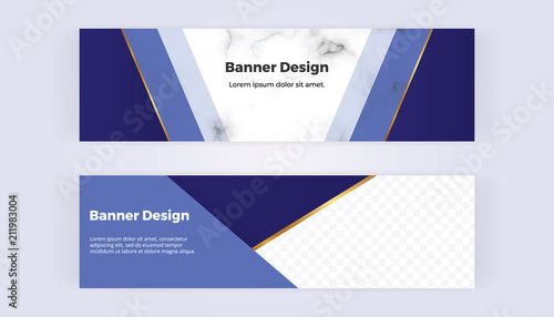 Modern geometric web banners with blue triangular shapes and golden lines on the marble background. Template for designs, business card, flyer, invitation, birthday, wedding, email, web