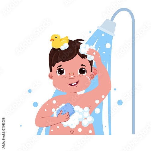 Little child boy character take a shower. Daily routine. Bathroom interior background
