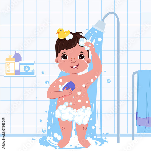 Little child boy character take a shower. Daily routine. Bathroom interior background