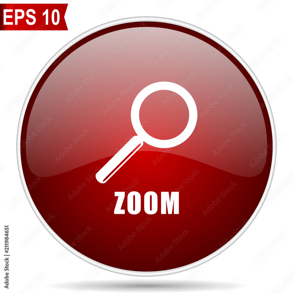 Zoom cherry red glossy round web vector icon. Editable simple circle modern design internet button on white background. Zoom cherry red glossy round web vector icon. Editable simple circle modern design internet button on white background.