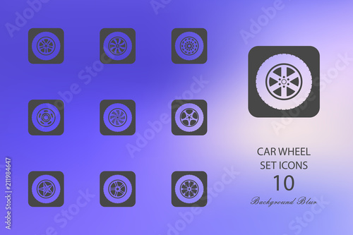 Car wheel. Set of flat icons on blurred background