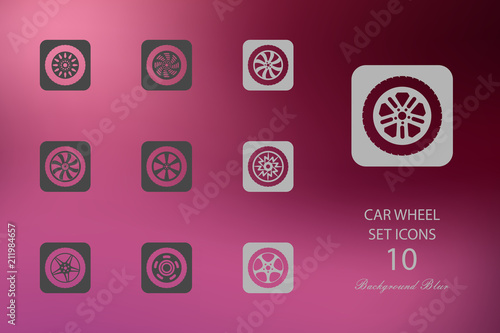 Car wheel. Set of flat icons on blurred background