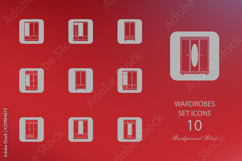 Wardrobes. Set of flat icons on blurred background