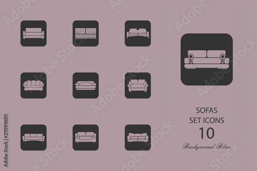 Sofas. Set of flat icons on blurred background