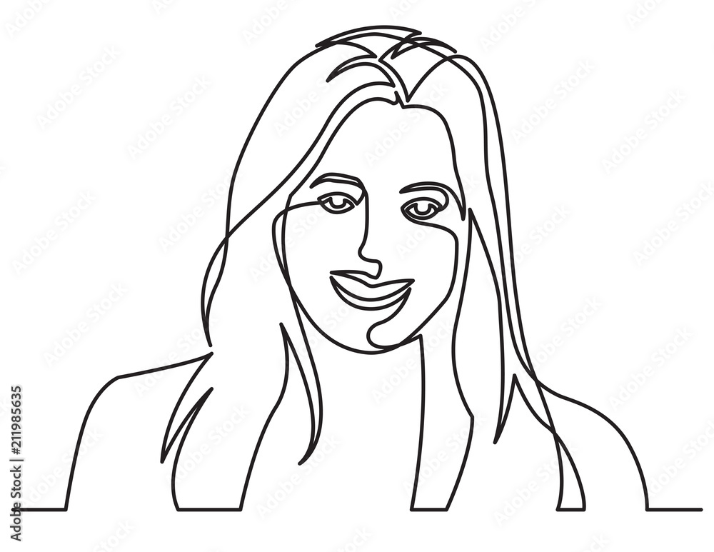 continuous line drawing of smiling happy woman on white background continuous line drawing of smiling happy woman on white background