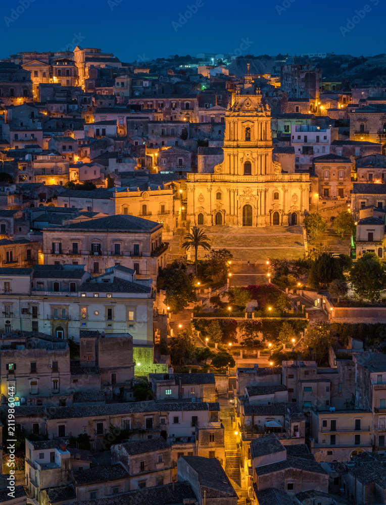 Modica at sunset, amazing city in the Province of Ragusa, in the italian region of Sicily (Sicilia).