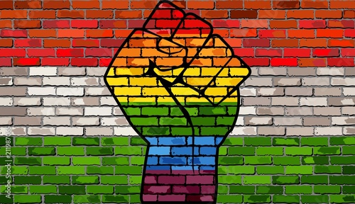 LGBT Protest Fist on a Hungary Brick Wall Flag - Illustration, 
Brick Wall Hungary and Gay flags