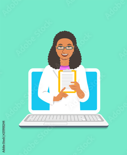 Online doctor concept. Medical internet consultation. Vector flat illustration. Healthcare consulting web service. Black woman physician holds clipboard with treatment. Hospital support by computer