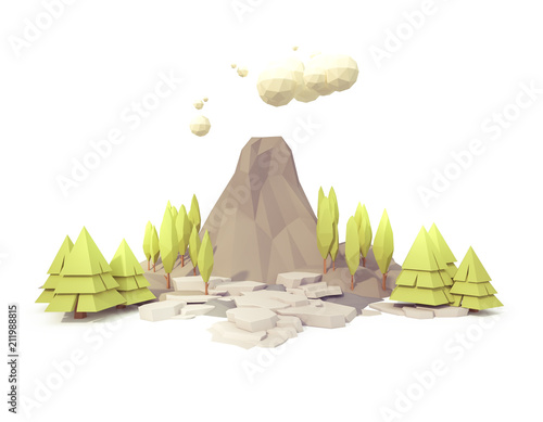 Plakat mountain valley forest landscape isolated on white low poly style 3d illustration.