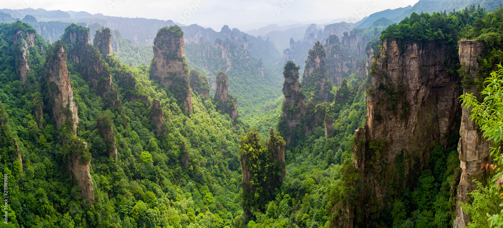 Beautiful panorama of karst mountains in Zhiangjiajie National Park, China - obrazy, fototapety, plakaty 