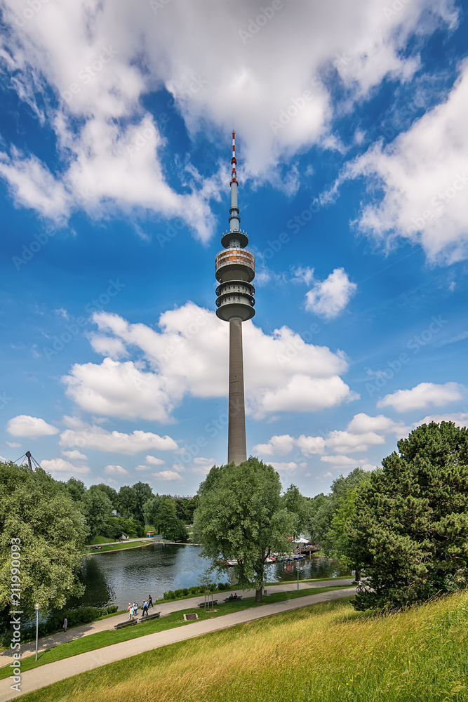 Naklejka premium Munich, Germany June 09, 2018: Panoramic view over the olymic park in Munich. The park was built for the olympic games in 1972. 