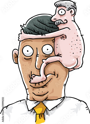 A cartoon of a tiny, naked man clinging to the head of a tanned businessman yuppie.