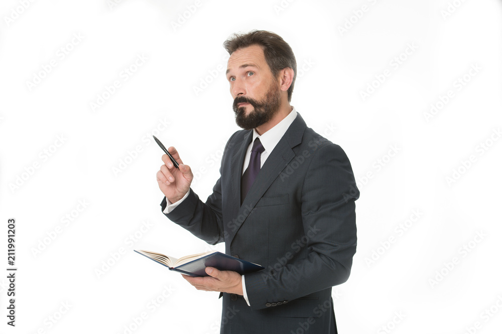 Before meeting write down information must convey and need ask. Businessman planning schedule hold notepad. Man bearded manager thoughtful face. Successful businessman planning business meeting Before meeting write down information must convey and need ask. Businessman planning schedule hold notepad. Man bearded manager thoughtful face. Successful businessman planning business meeting