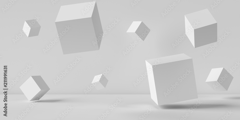 Suspended cubes on a white background. 3D image rendering. - obrazy, fototapety, plakaty 