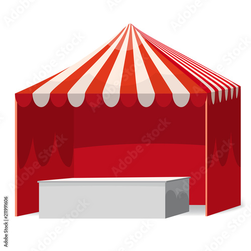 Stripped Promotional Outdoor Event Trade Show Pop-Up Red Tent With Counter Mobile Marquee. Mockup, Mock Up, Template. Illustration Isolated On White Background. Ready For Your Design. Product