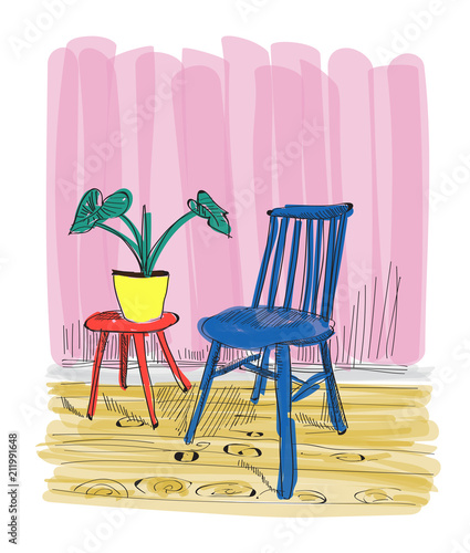 interior design vector illustration. furniture of living room. hand drawn chair and sideboard and pot plant.