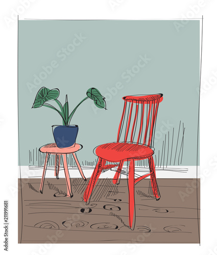 interior design vector illustration. furniture of living room. hand drawn chair and sideboard and pot plant.