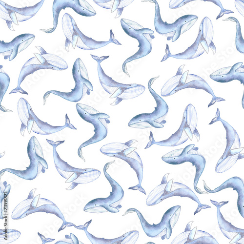 watercolor blue whales seamless pattern