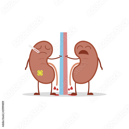 Vector illustration of a sick and sad kidneys in cartoon style due to cystitis or other related diseases.