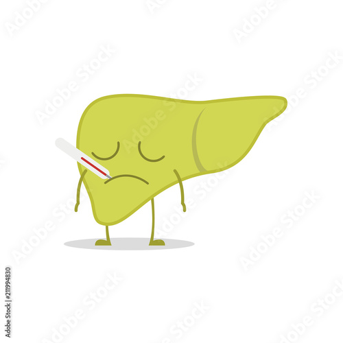 Vector illustration of a sick and sad liver in cartoon style.