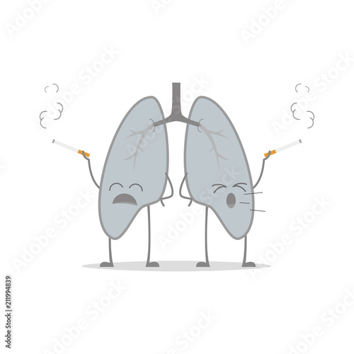 Vector illustration of a sick and sad lungs in cartoon style due to smoking or other related diseases.