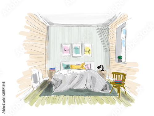 interior design sketch. hand drawn vector illustration of sitting room furniture.