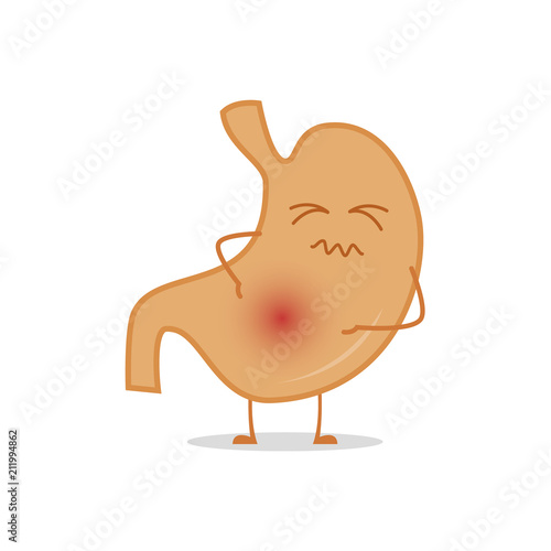 Vector illustration of a sick and sad stomach in cartoon style.