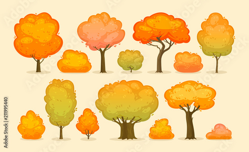 Trees and bushes. Autumn, forest, park concept. Cartoon vector illustration