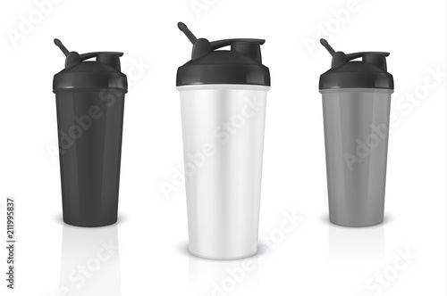 Vector realistic 3d white, black and gray empty glossy metal shaker for sports nutrition with black cap icon set closeup isolated on white background. Design template of packaging mockup for graphics