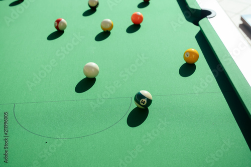 Pool colorful balls on the table sunshine outdoors backgroud. Close up view photo of leisure luxury lifestyle poolgame photo