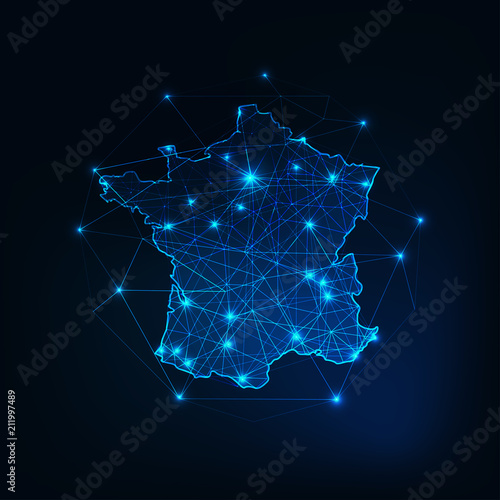 France map outline with stars and lines abstract framework. Communication, connection concept