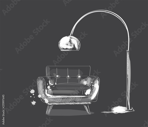 hand drawn interior design illustration. white chalc on blackboard. vector furniture sketch. armchair and lamp in mid century modern style. furniture design logo. 