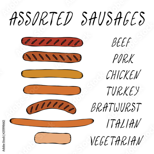 Set of Assorted Sausages For Fast Food, Restaurant or Bar Menu. Hand Drawn High Quality Clean Vector Realistic Illustration. Doodle Style.