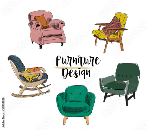 vector interior design illustration.living room furniture. hand drawn watercolor sketch. Mid century modern. hand drawn furniture collection. 