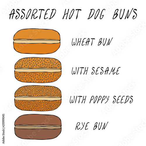 Set of Assorted Hot Dog Buns. Wheat Bun with Sesame, Poppy Seeds, Rye Bun. For Fast Food, Restaurant or Bar Menu. Hand Drawn High Quality Clean Vector Realistic Illustration. Doodle Style.