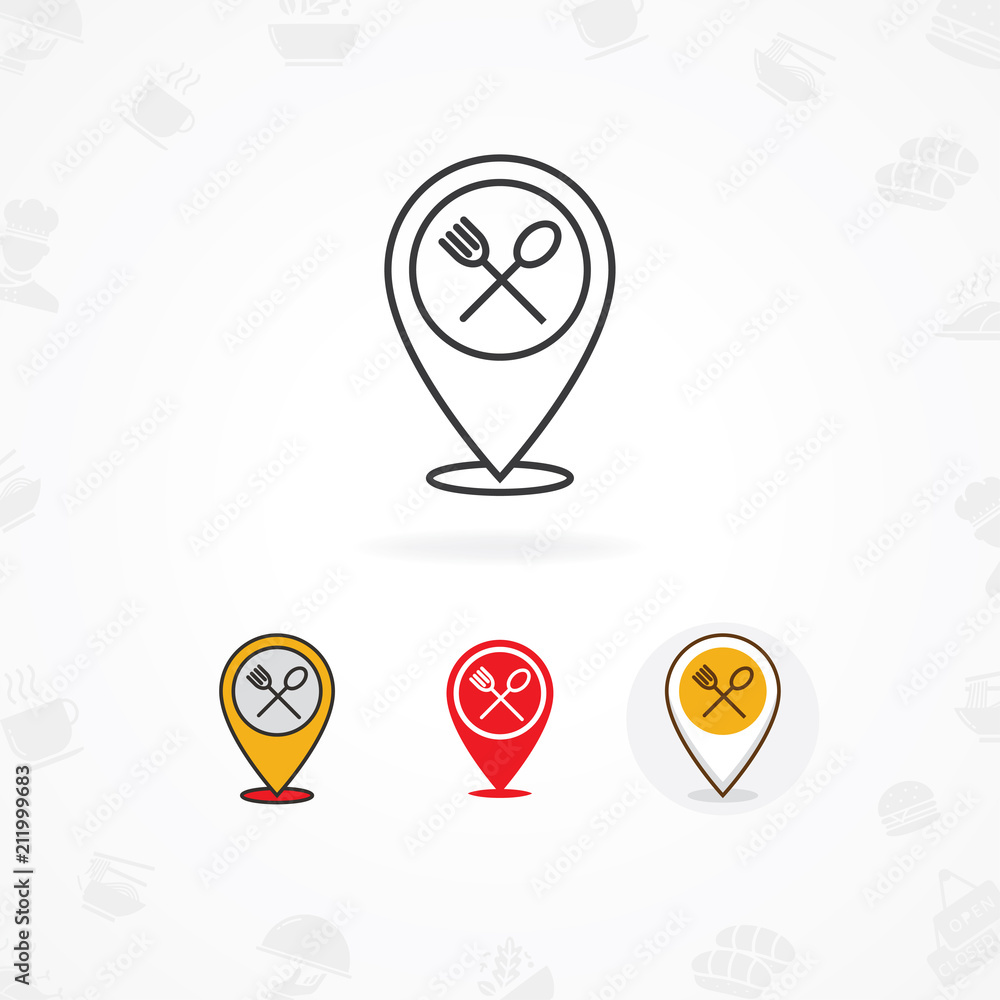 Food location icon, Food point icon, Vector map pointer with fork and spoon Food location icon, Food point icon, Vector map pointer with fork and spoon