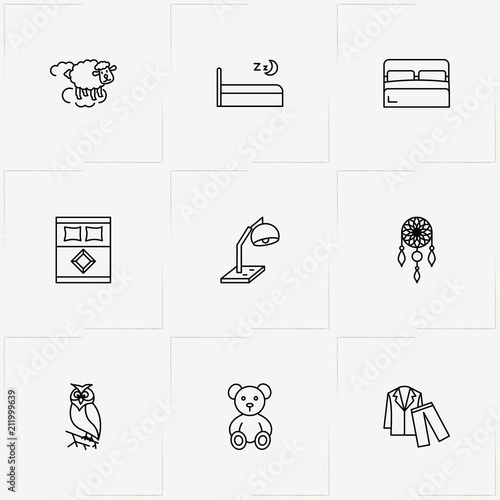 Sleep line icon set with brooch , owl and nightgown