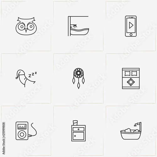 Sleep line icon set with owl, brooch  and bath