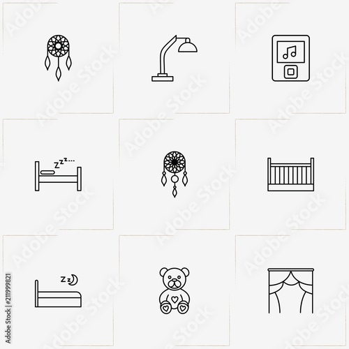 Sleep line icon set with bed, brooch  and curtain