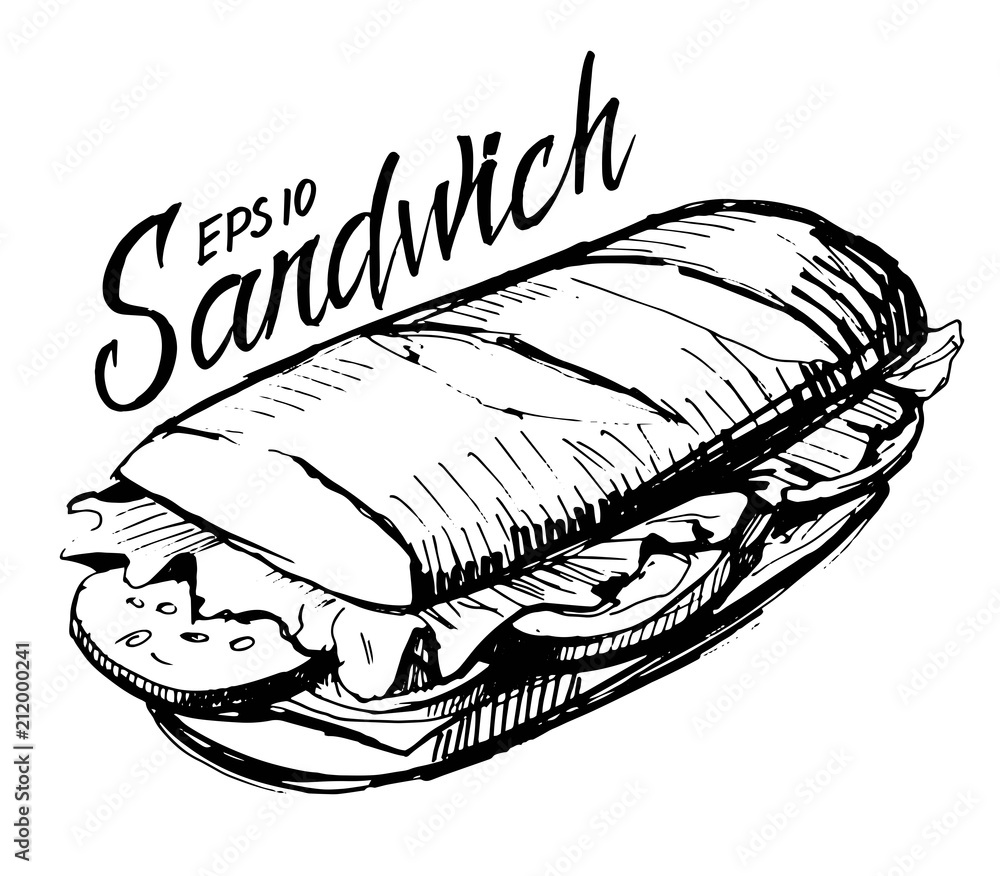 Hand Drawn of Homemade Ham Sandwich on White Background Drawing by Iam Nee  - Fine Art America