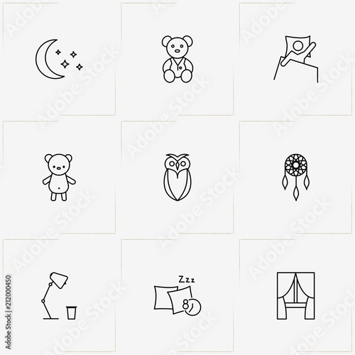 Sleep line icon set with teddy bear, brooch  and curtain
