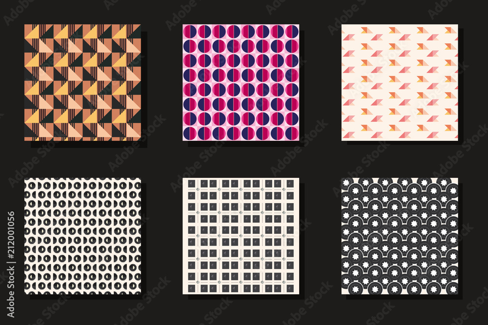 squares with different patterns over black background, colorful design. vector illustration